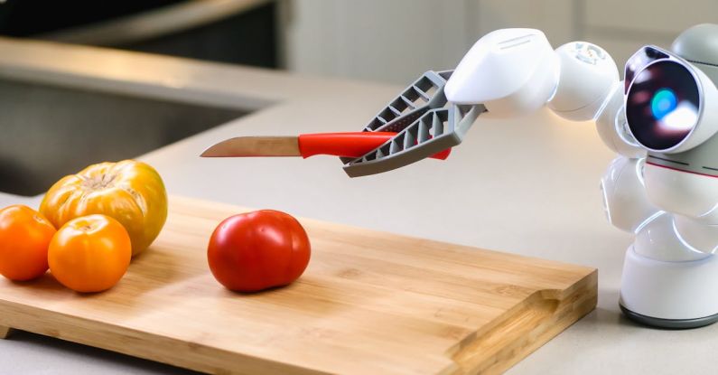 AI Surveillance - A Clicbot Slicing Holding a Knife Near Wooden Chopping Board